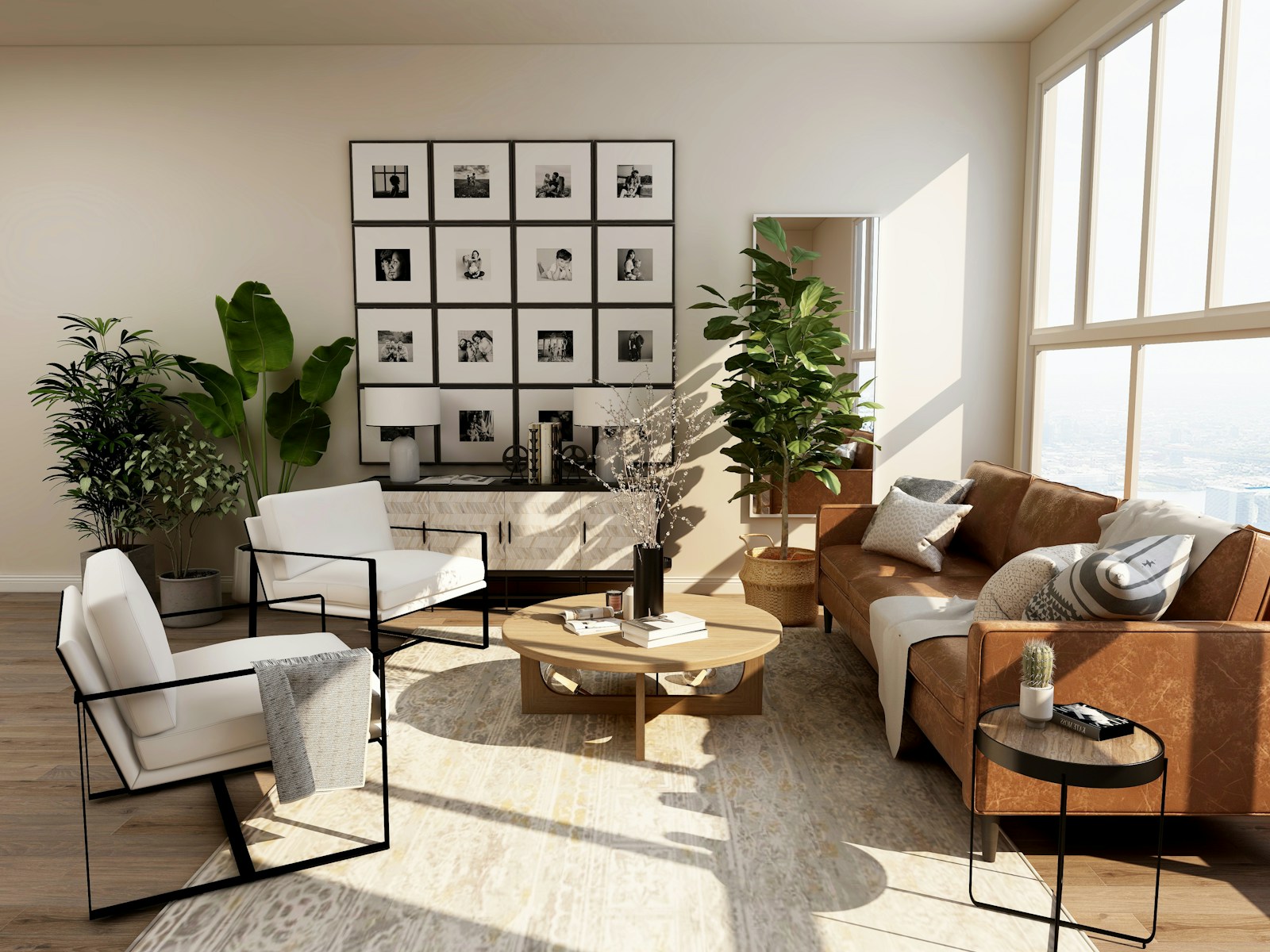 A bright, welcoming living room with leafy plants and warm natural light
